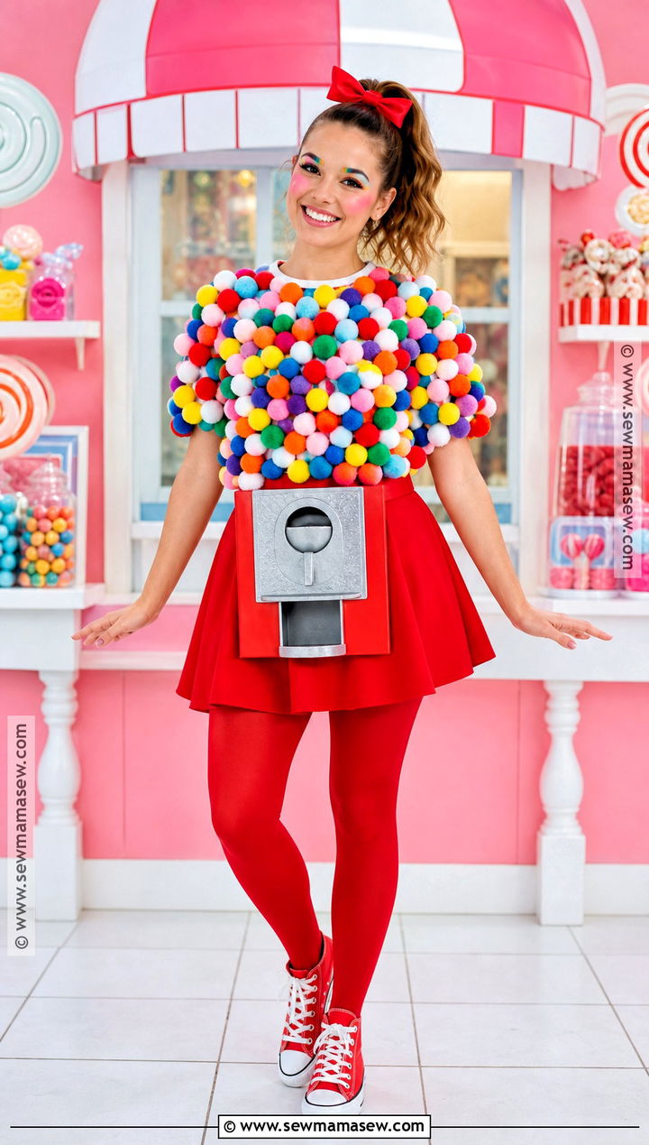 Gumball Machine Costume With Colorful Pom Poms - 40 halloween costumes last minute