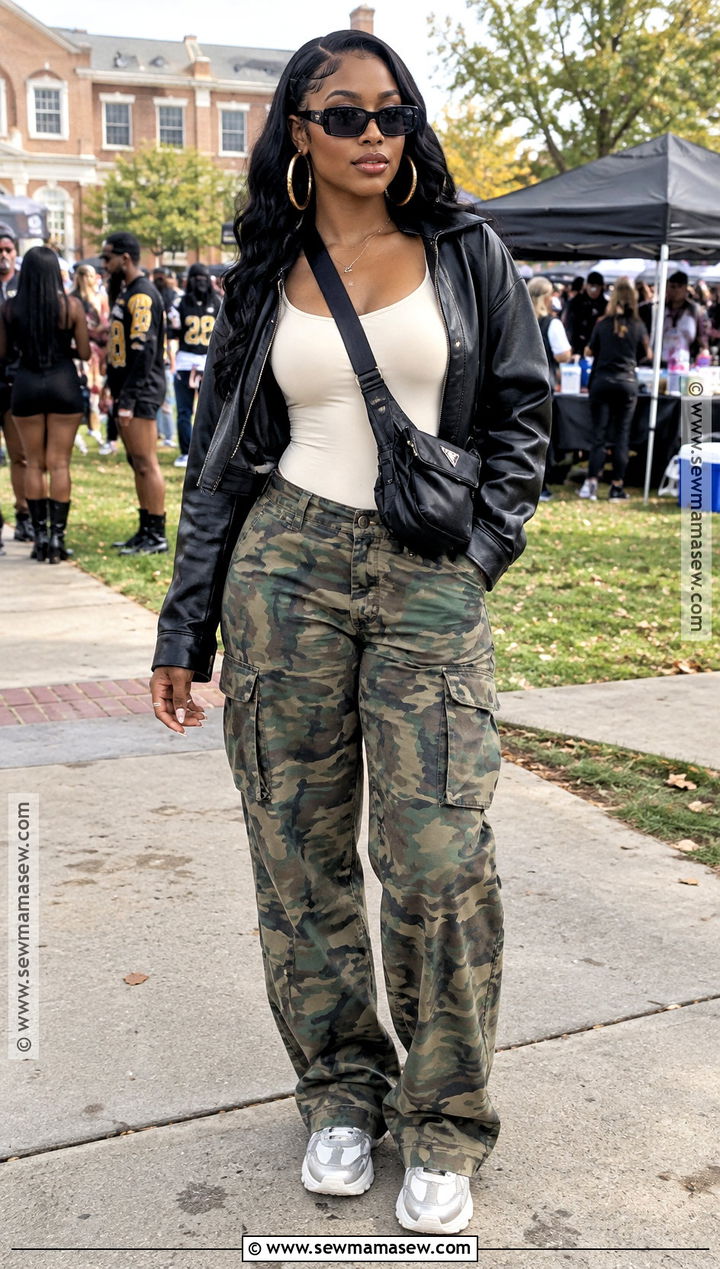 HBCU Homecoming Camo Pants And Cropped Jacket Outfit - 20 Fall Homecoming Outfits Hbcu