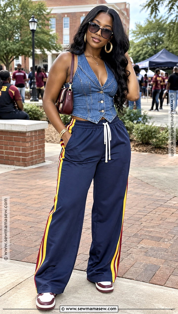 HBCU Homecoming Denim Vest And Track Pants Outfit - 20 Fall Homecoming Outfits Hbcu