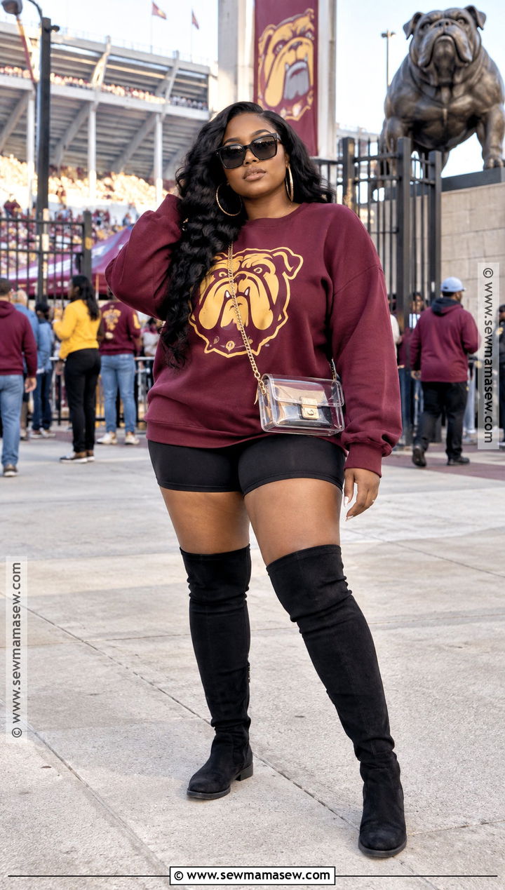 HBCU Homecoming Graphic Sweatshirt And Thigh High Boots Outfit - 20 Fall Homecoming Outfits Hbcu