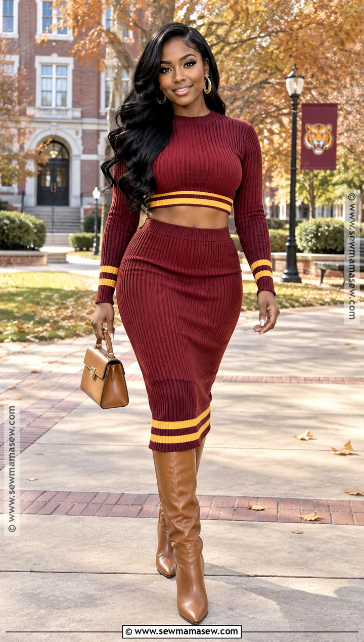 HBCU Homecoming Two Piece Skirt Set And Boots Outfit - 20 Fall Homecoming Outfits Hbcu