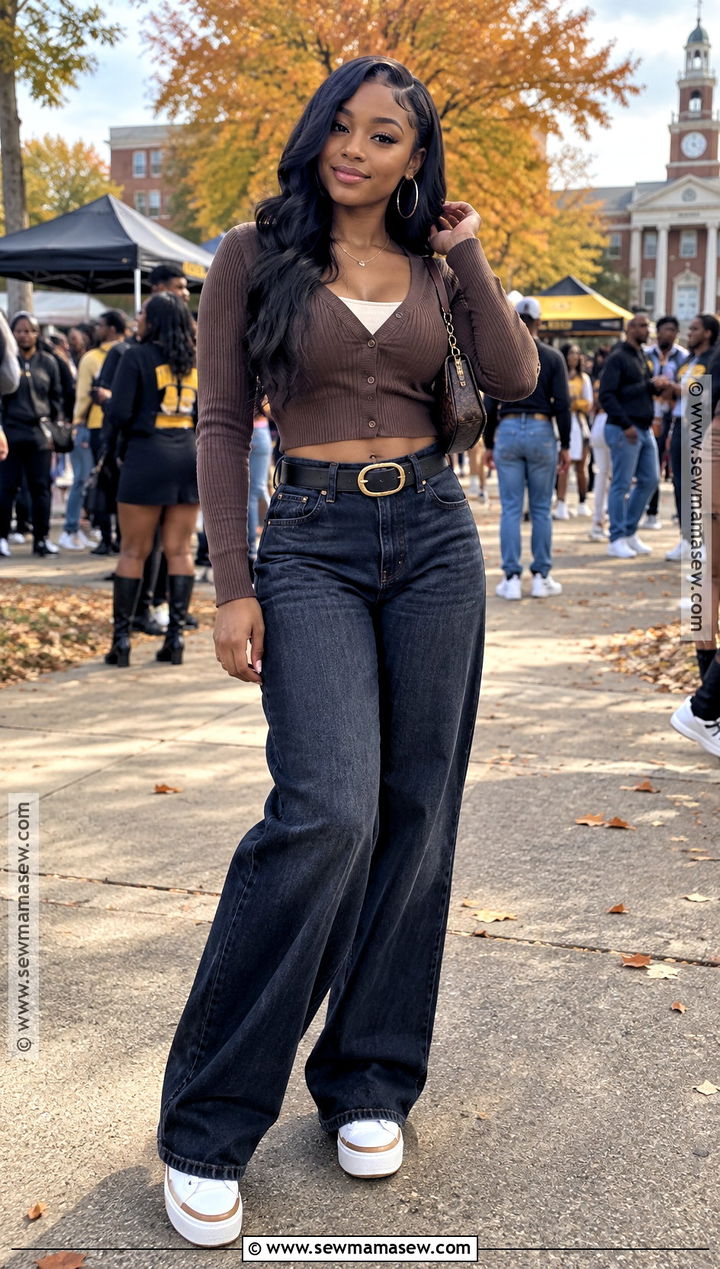 HBCU Homecoming Wide Leg Jeans And Cropped Cardigan Outfit - 20 Fall Homecoming Outfits Hbcu