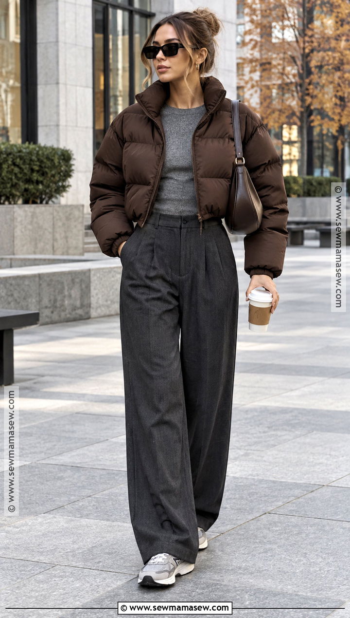 Hailey Bieber Puffer Jacket And Wide Leg Pants Outfit - 20 hailey bieber autumn style ideas
