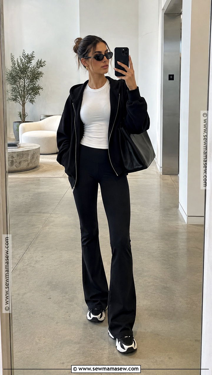 Hailey Bieber Zip Up Hoodie and Flared Leggings Outfit - 15 Fall Style Hailey Bieber Ideas