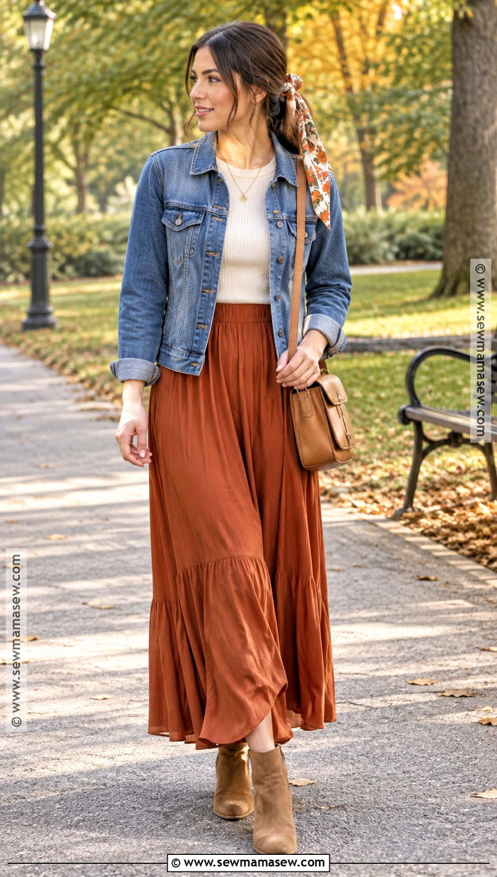 Hair Scarf With Denim Jacket And Maxi Skirt - 15 creative scarf ideas for fall