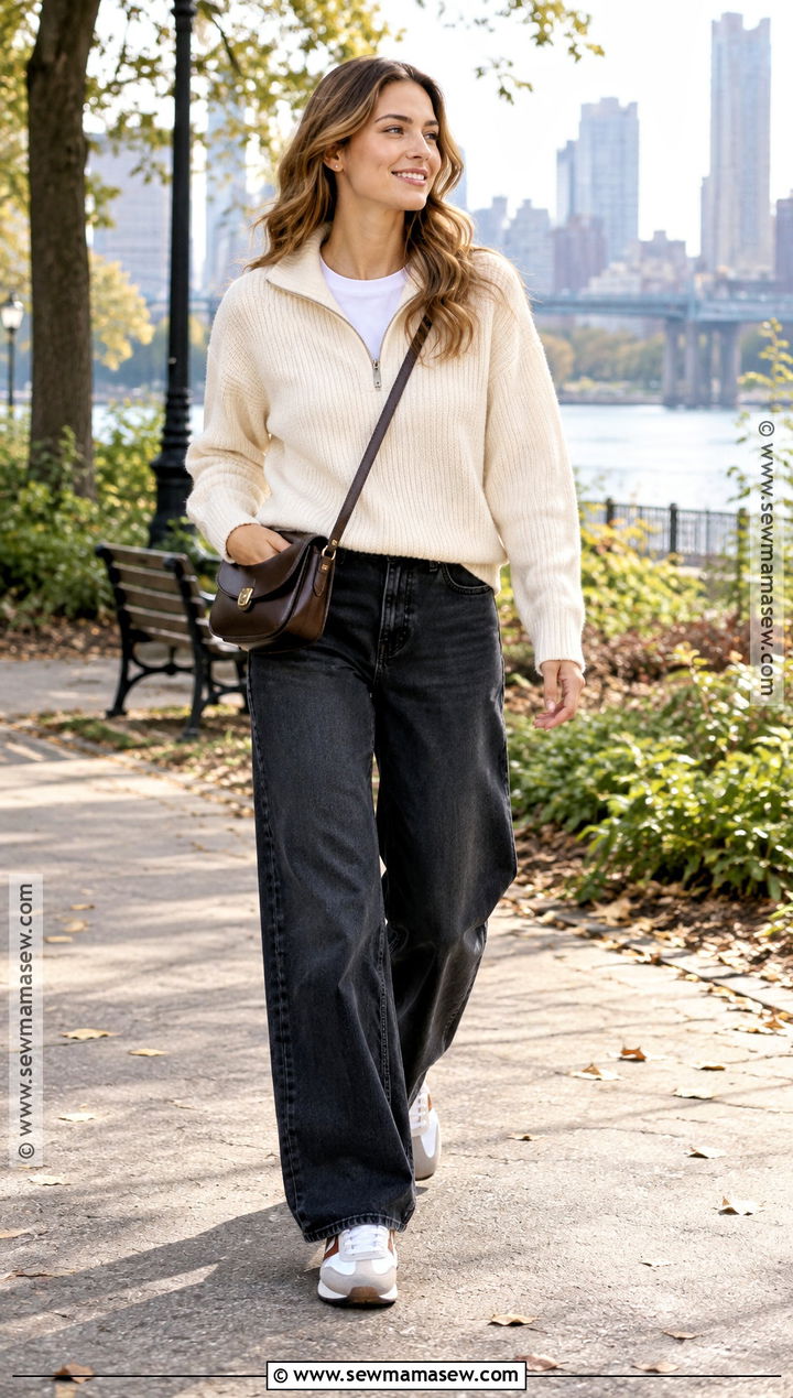 Half Zip Sweater And Barrel Leg Jeans - 20 Sweater Weather Vibes Ideas