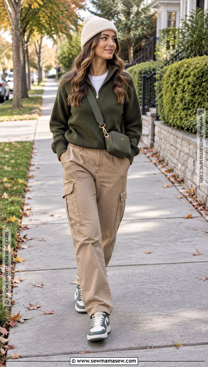 Half Zip Sweater And Cargo Pants Outfit - 15 Fall Cozy Outfit Casual Ideas
