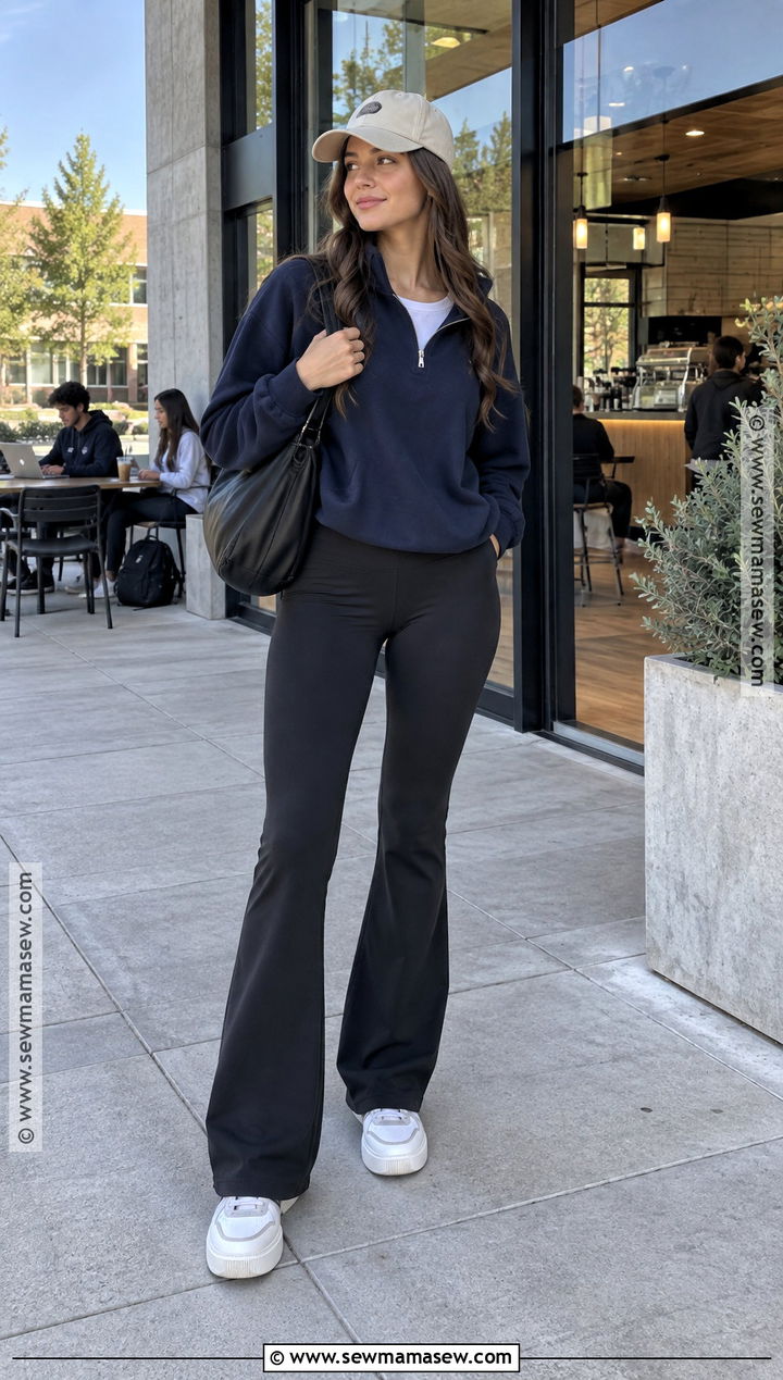 Half Zip Sweater And Flared Leggings Autumn Uni Outfit - 25 autumn uni outfits