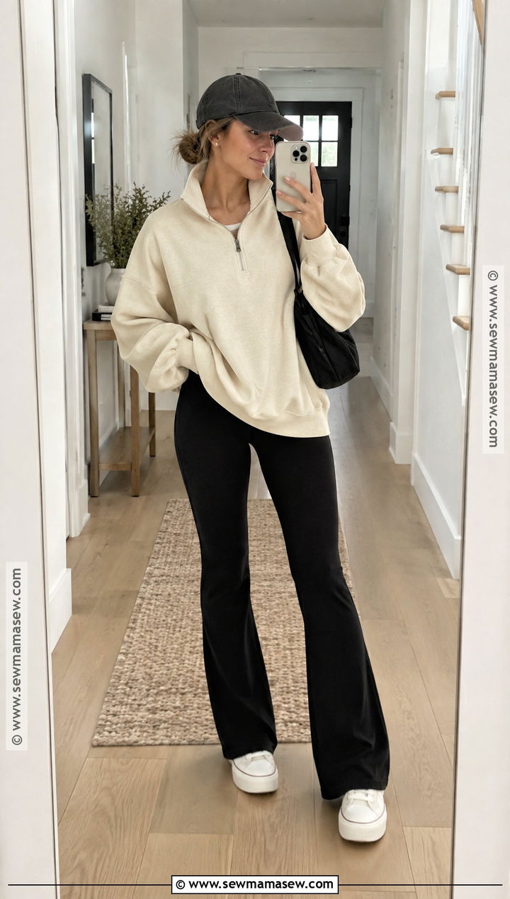 Half Zip Sweater And Flared Leggings Fall Outfit - 25 comfy outfits fall