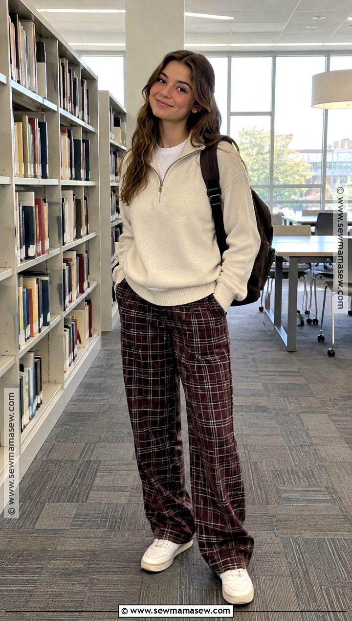 Half Zip Sweater And Printed Pants Outfit - 20 Back To School Outfits Not Basic