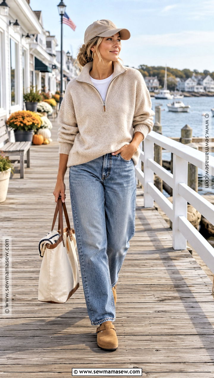 Half Zip Sweater and Relaxed Jeans Coastal Fall Outfit - 25 Coastal Fall Outfits