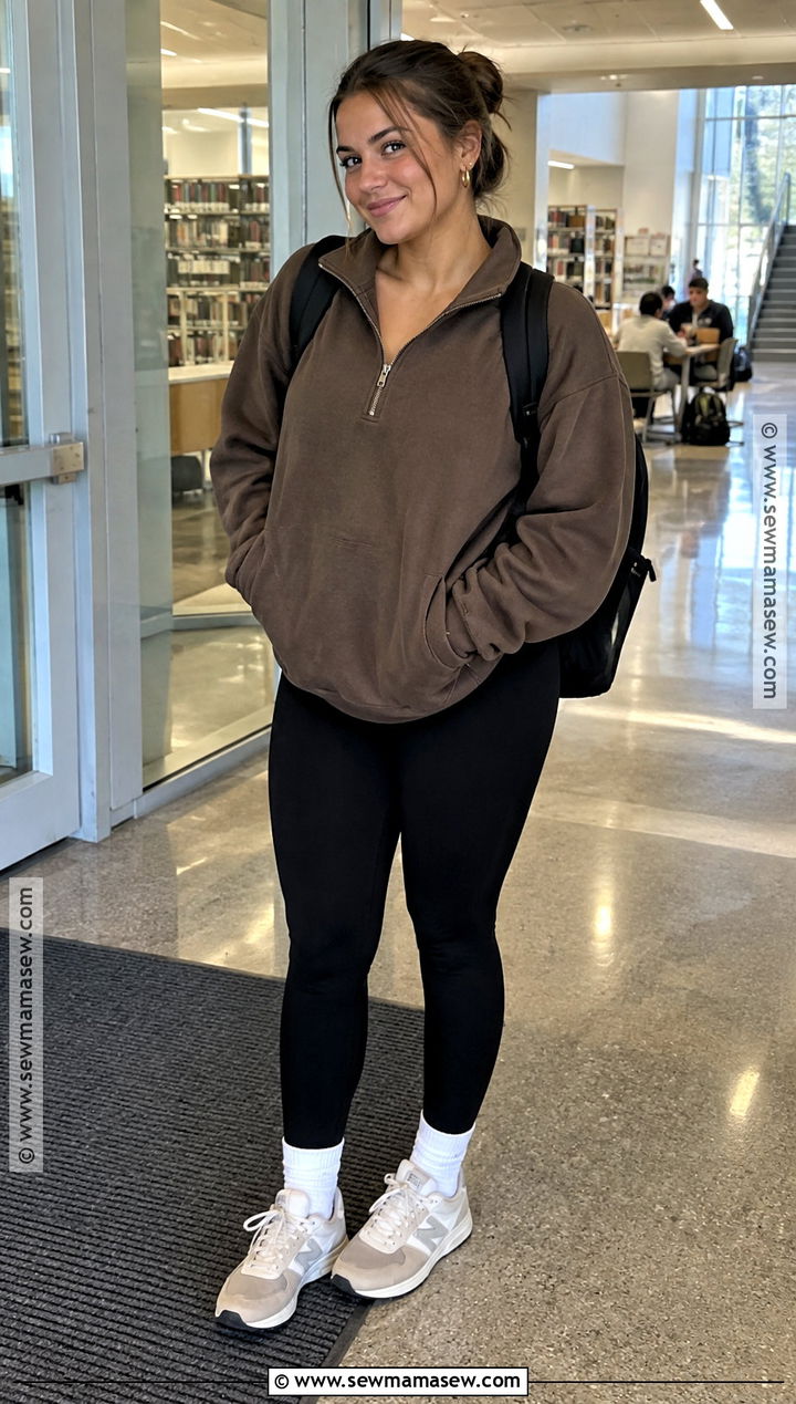 Half Zip Sweatshirt And Black Leggings Fall Semester Outfit - 20 fall semester outfits