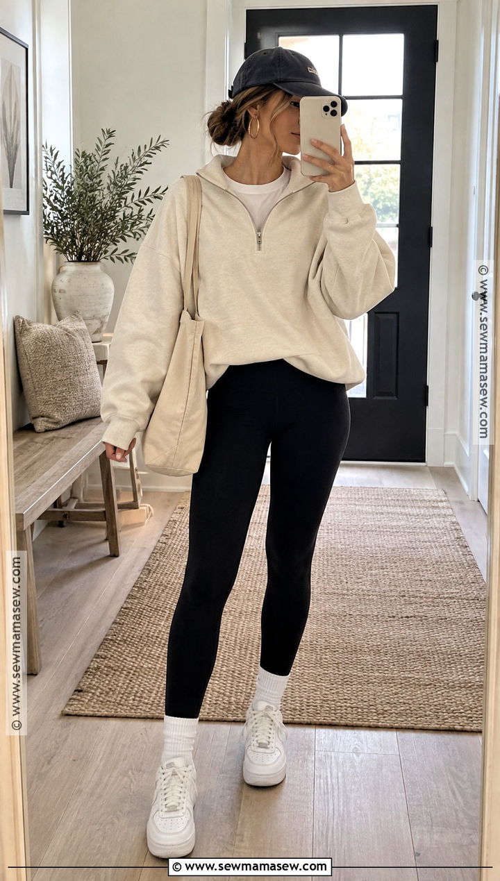 Half Zip Sweatshirt With Leggings And Sneakers - 15 casual autumn outfits leggings