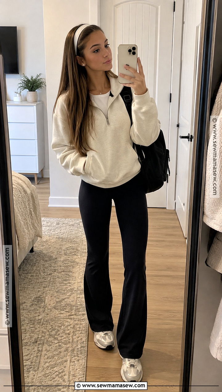 Half Zip Sweatshirt and Flared Leggings School Outfit - 25 fall outfits for school for teens