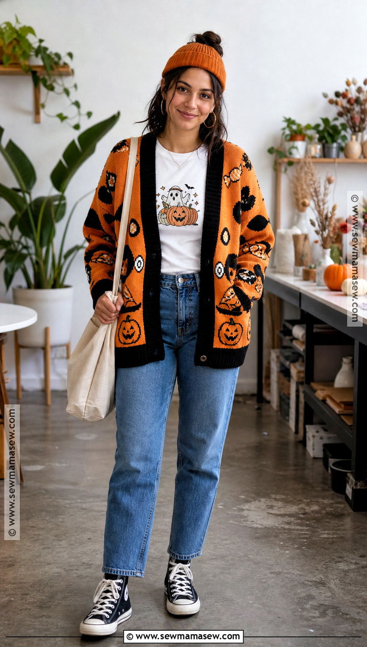Halloween Cardigan With Graphic T Shirt And Jeans - 35 halloween sweater ideas