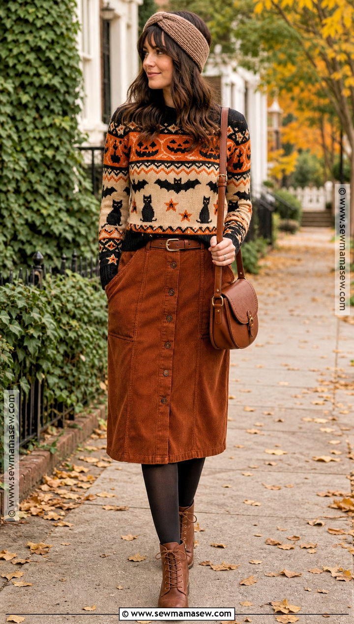 Halloween Fair Isle Sweater With Corduroy Skirt - 35 halloween sweater ideas
