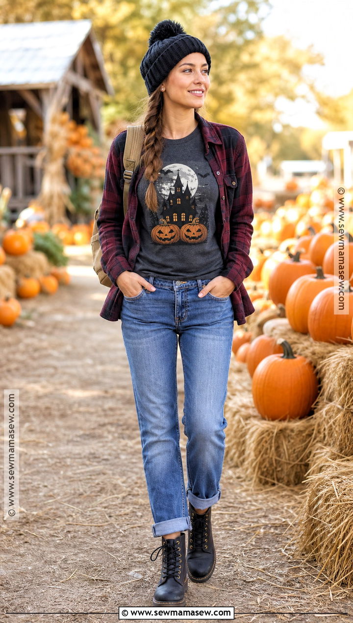 Halloween Flannel Outfit With Graphic Tee And Jeans - 30 Halloween Casual Outfits