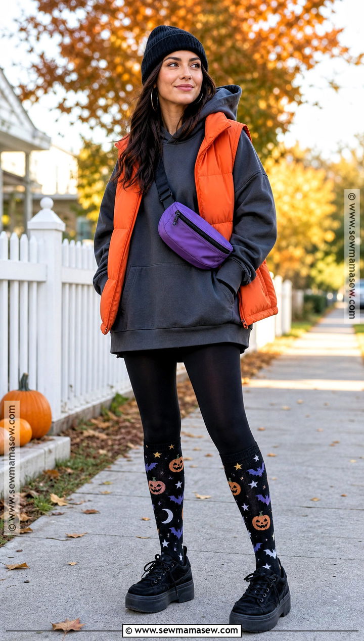 Halloween Knee High Socks With Oversized Hoodie Outfit - 30 Halloween Socks Ideas