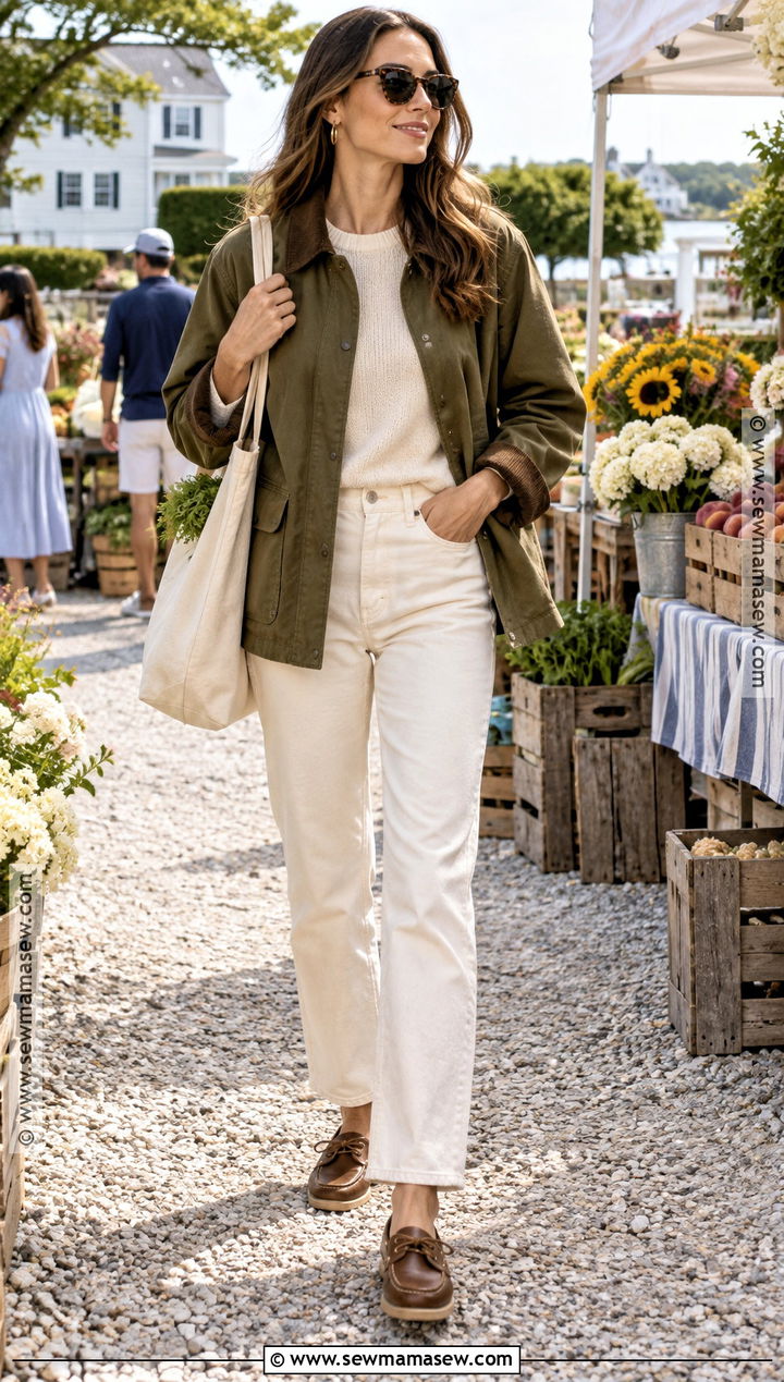 Hamptons Barn Jacket With White Denim - 15 Hamptons Outfit September Ideas