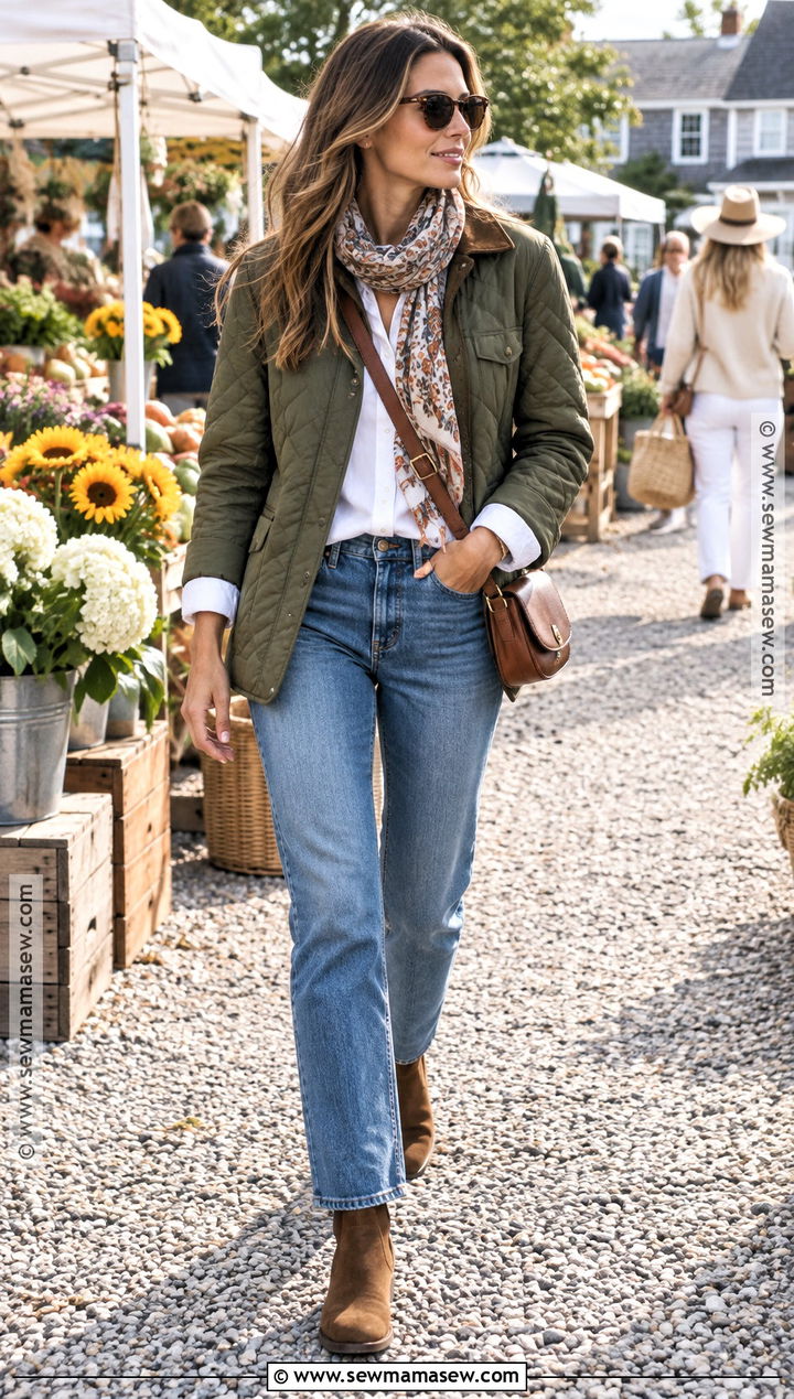 Hamptons Quilted Jacket With Blue Jeans - 15 Hamptons Outfit September Ideas