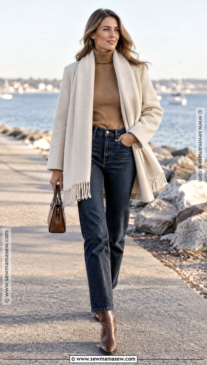 Hamptons Scarf Jacket And Dark Denim Outfit - 20 hamptons fall outfit ideas
