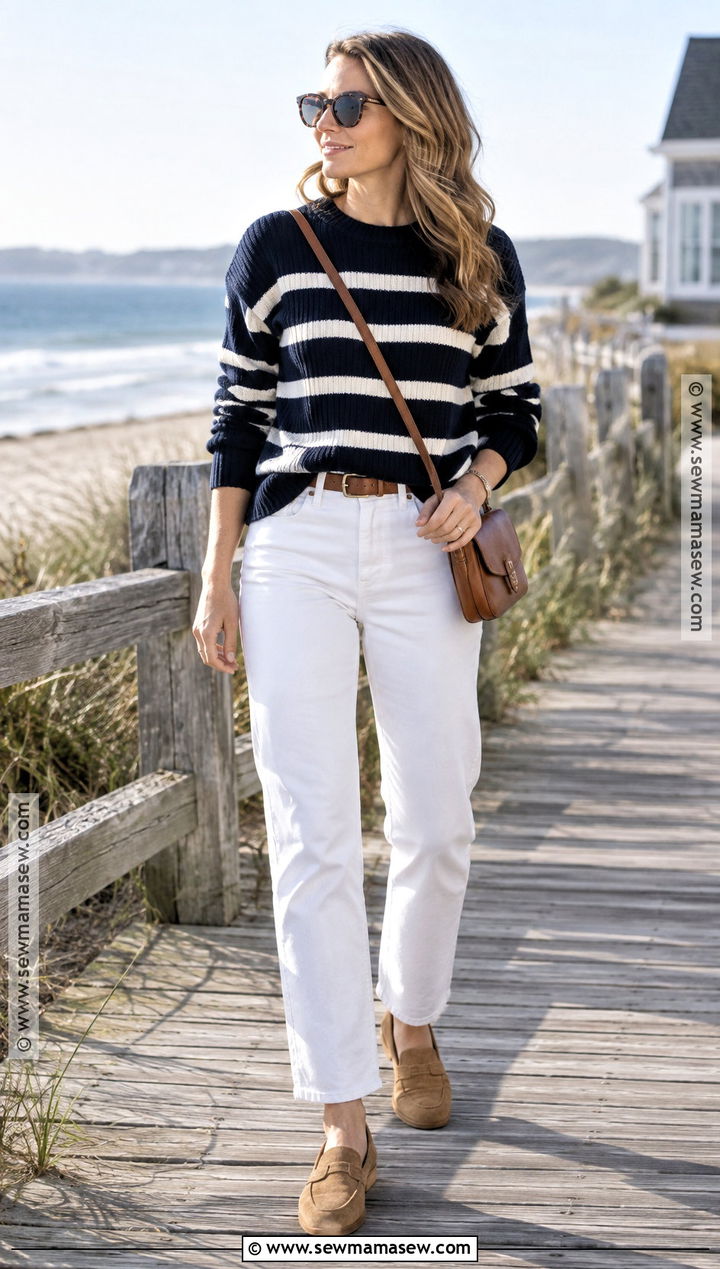 Hamptons Striped Sweater And White Jeans Outfit - 20 hamptons fall outfit ideas