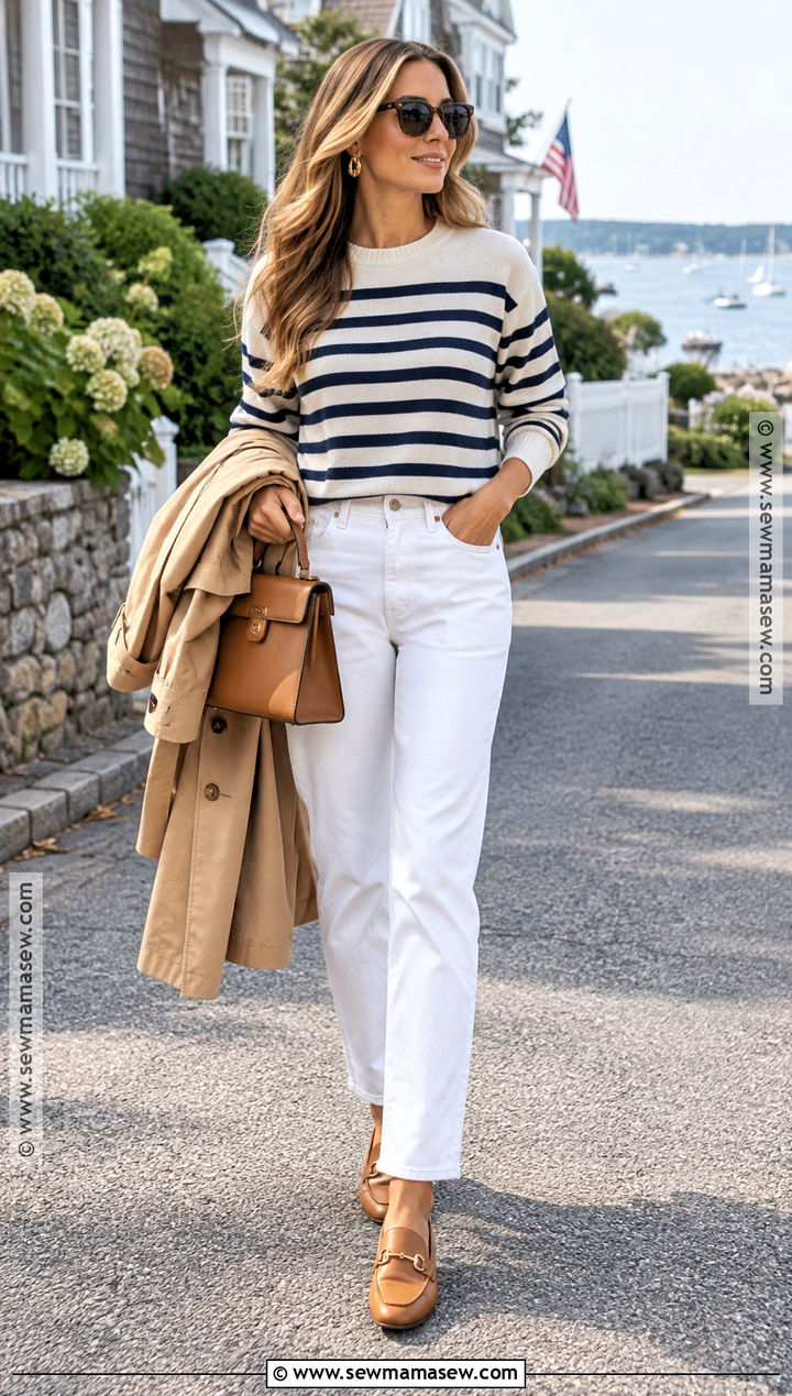 Hamptons Striped Sweater With White Jeans - 15 Hamptons Outfit September Ideas