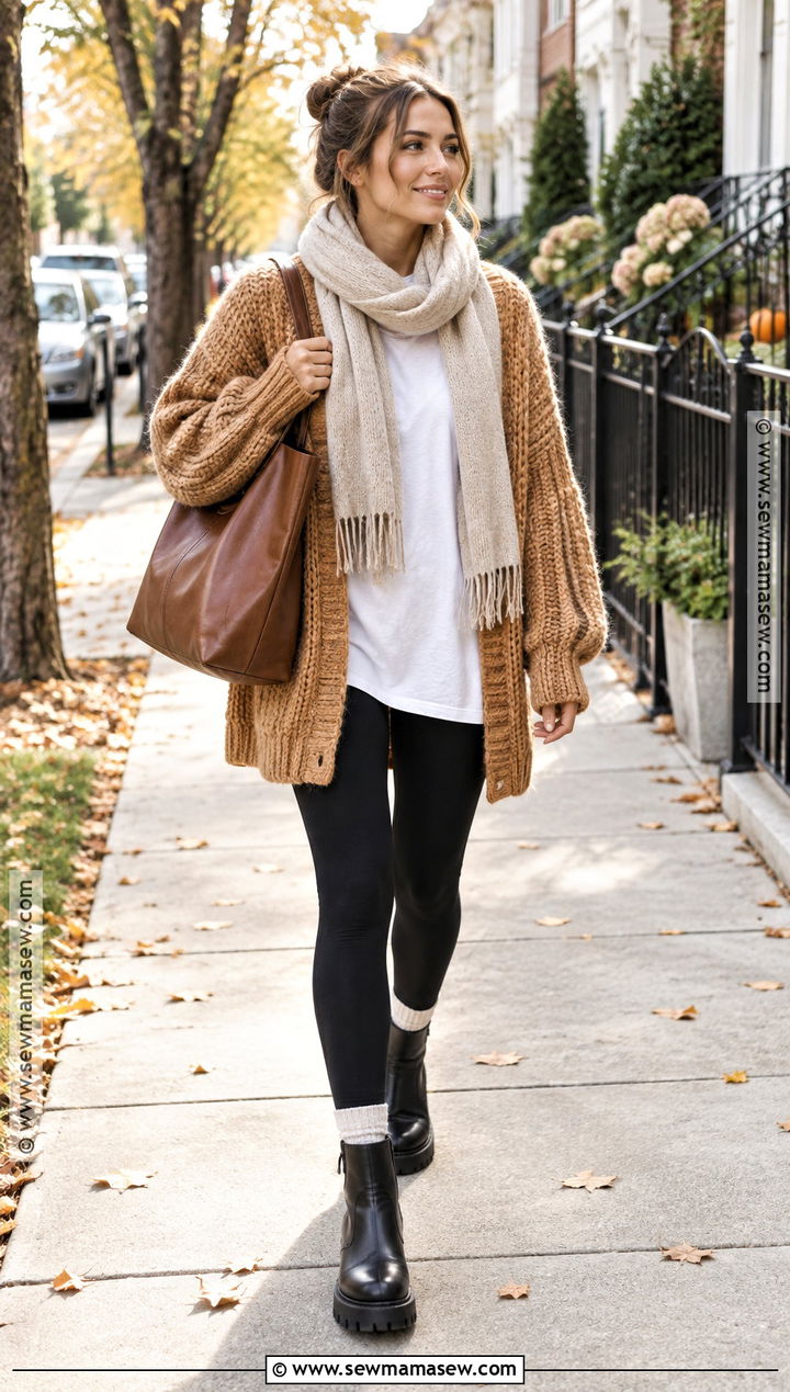 Handmade Chunky Cardigan With Leggings And Boots - 15 handmade knitwear autumn style ideas
