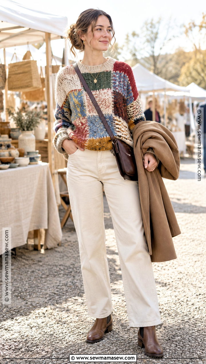 Handmade Patchwork Sweater With Neutral Jeans - 15 handmade knitwear autumn style ideas