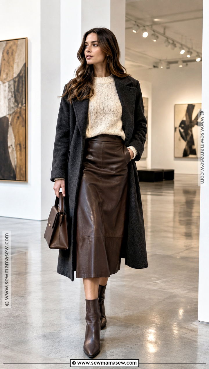 Handmade Textured Sweater With A Leather Midi Skirt - 15 handmade knitwear autumn style ideas