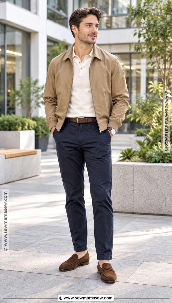 Harrington Jacket Polo Shirt and Dark Chinos Outfit - 15 Casual Mens Fall Outfits