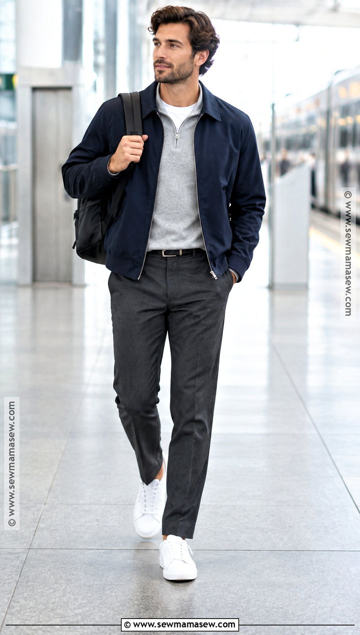Harrington Jacket With Half Zip Sweater And Trousers - 20 fall winter outfits for men