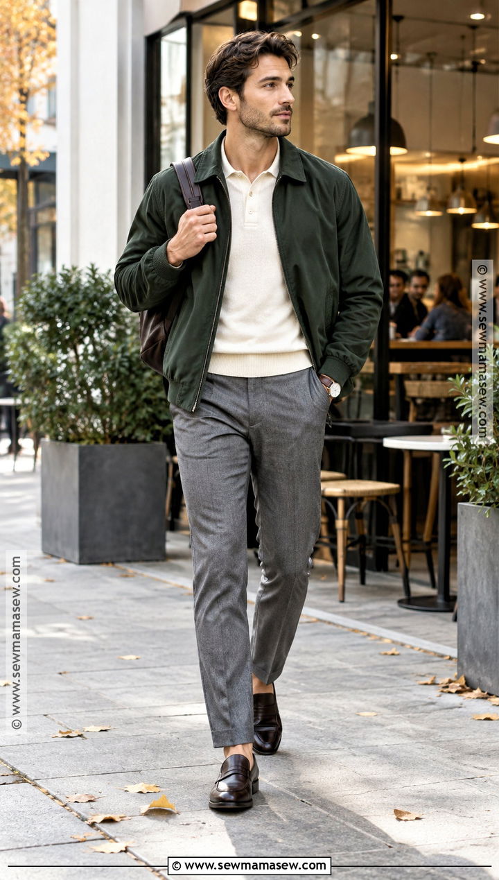 Harrington Jacket With Knit Polo And Chinos - 15 Mens Smart Casual Outfits Autumn