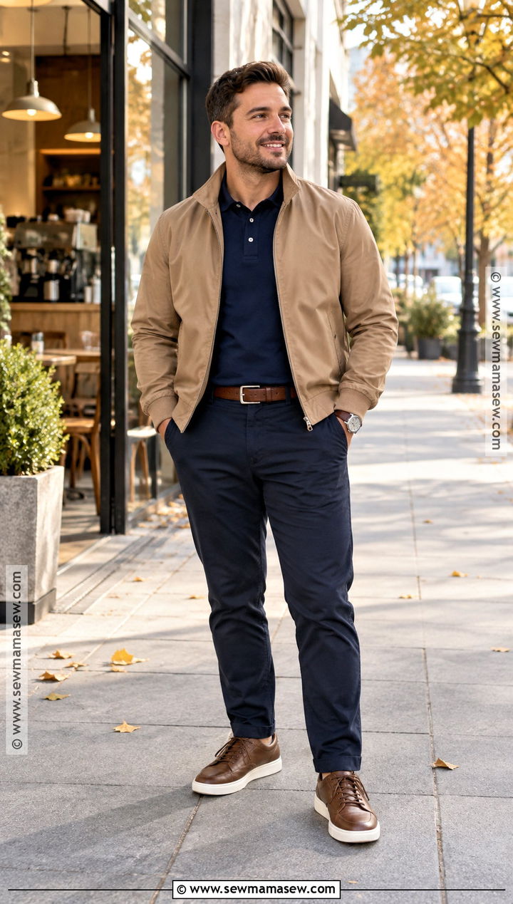 Harrington Jacket With Navy Chinos - 15 fall outfits for short for men
