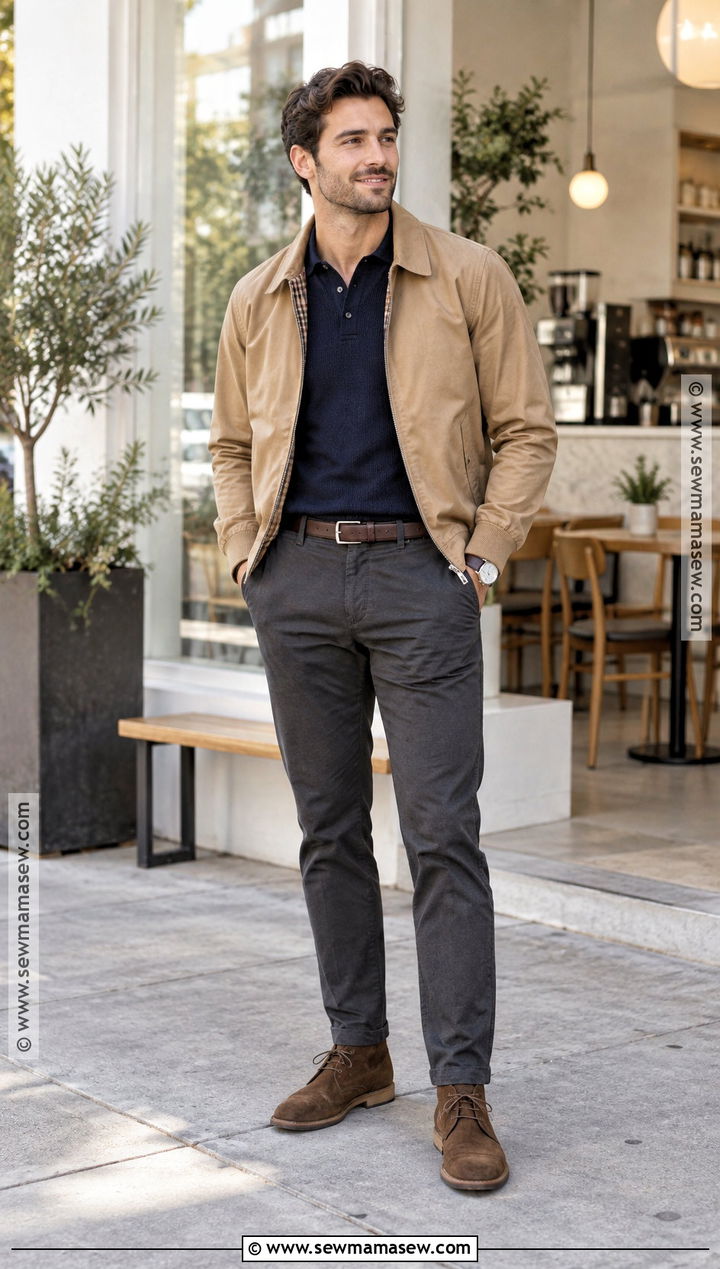 Harrington Jacket With Polo and Chinos - 20 fall outfits for men casual