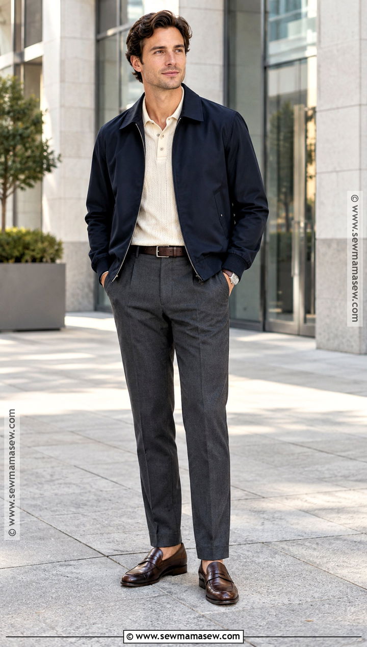 Harrington Jacket With Polo and Trousers - 15 fall jackets outfit for men