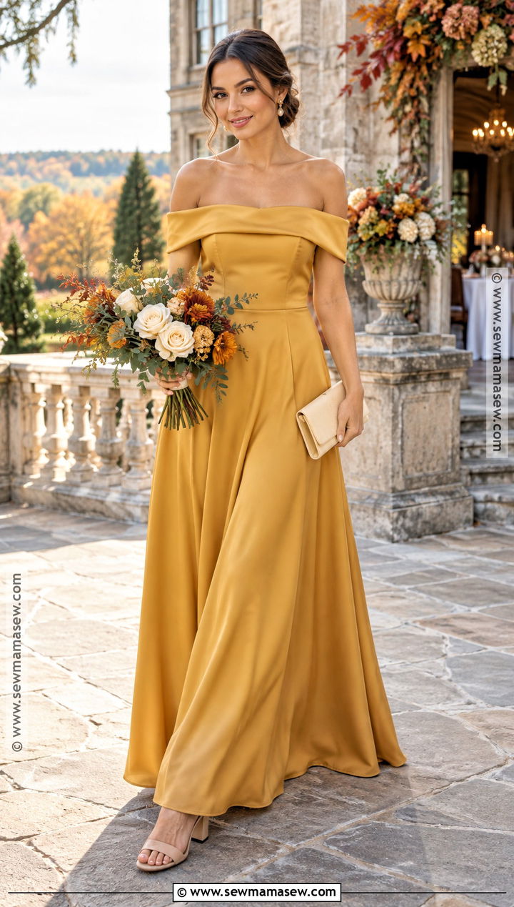 Harvest Yellow Off the Shoulder Bridesmaid Dress - 15 Yellow Fall Bridesmaid Dresses
