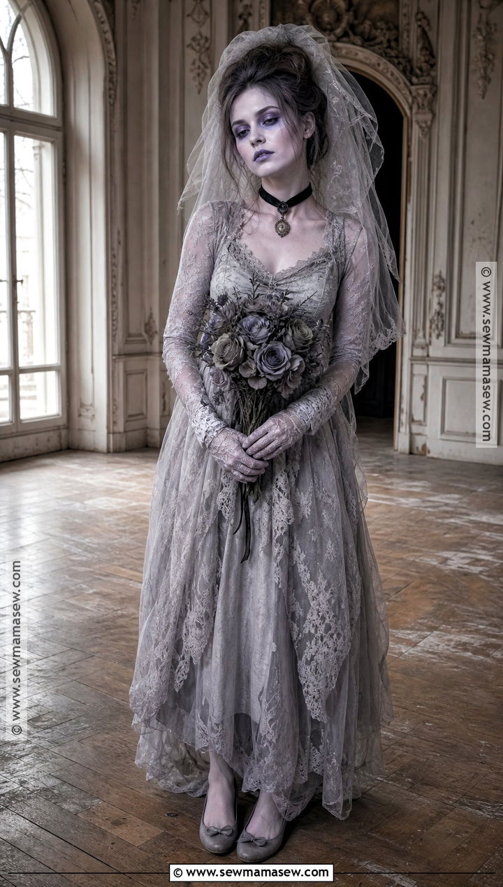 Haunted Bride Costume With Gray Wedding Dress - 35 scary halloween costume ideas for women
