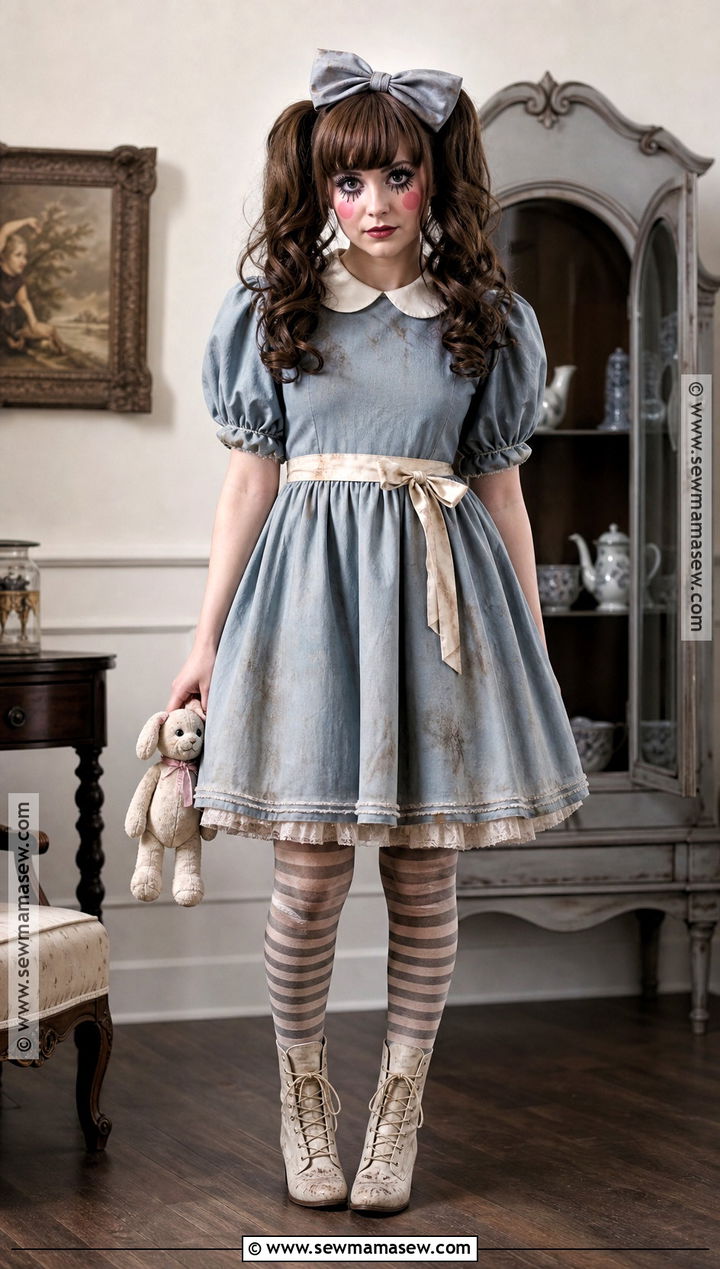 Haunted Doll Costume With Striped Tights - 30 edgy halloween costume ideas