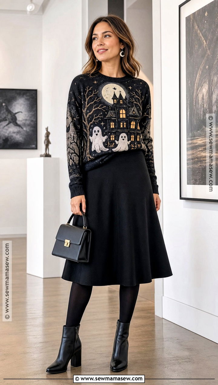 Haunted House Halloween Sweater With Midi Skirt - 35 halloween sweater ideas