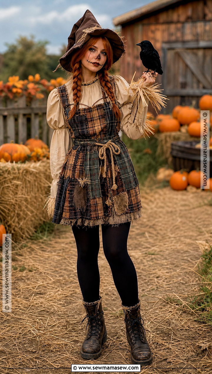 Haunted Scarecrow Costume With Patchwork Dress - 35 scary halloween costume ideas for women