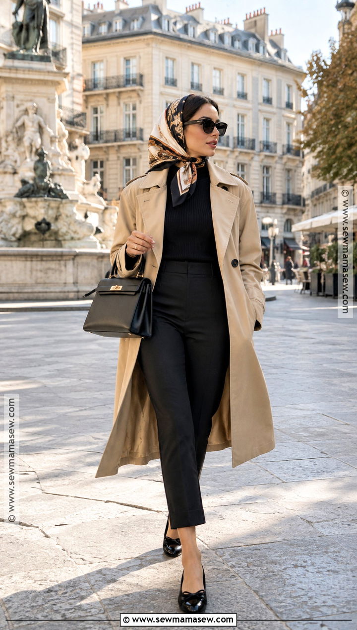 Head Scarf With Trench Coat And Ballet Flats - 25 fall scarf ideas