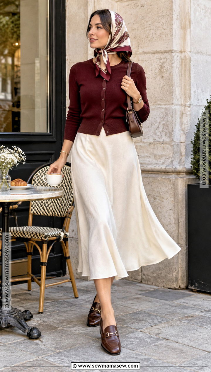 Headscarf With Cardigan Midi Skirt And Loafers - 20 autumn scarf outfit ideas
