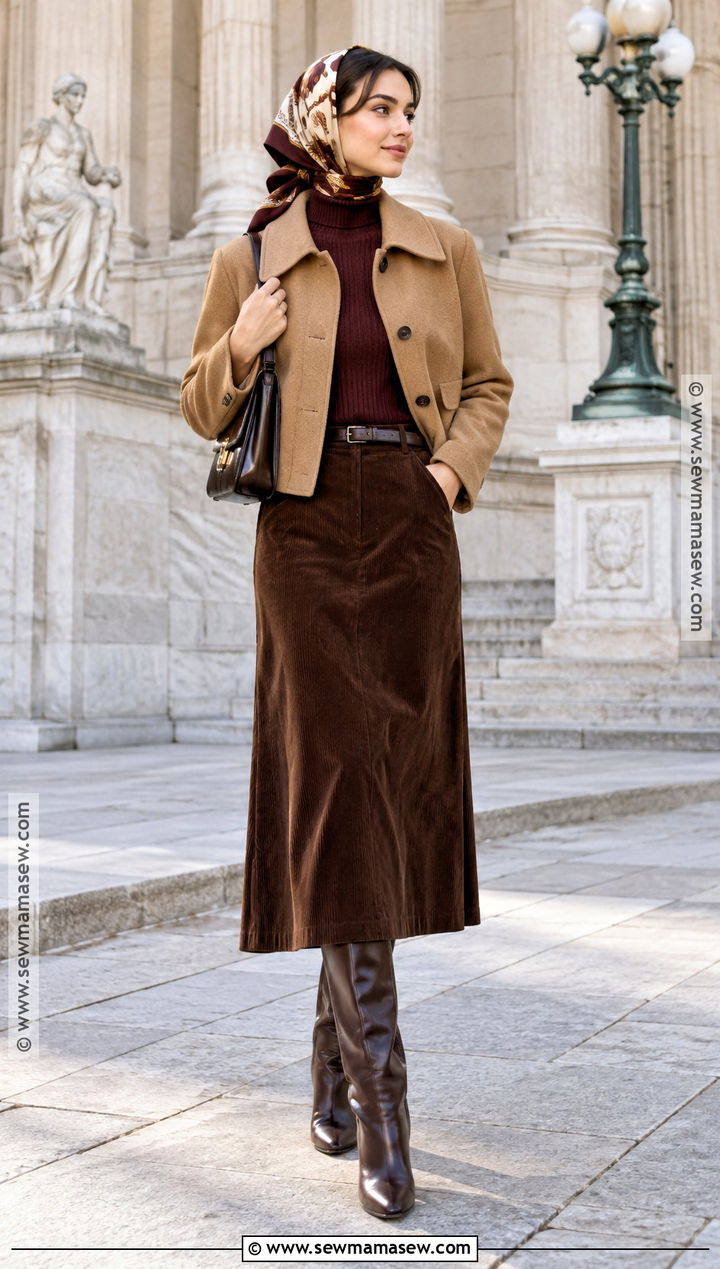 Headscarf With Knit Top And Midi Skirt - 15 Fall Outfit Ideas With Scarves