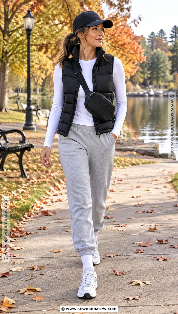 Heather Gray Jogger Outfit With Puffer Vest - 15 Fall Jogger Outfits Casual