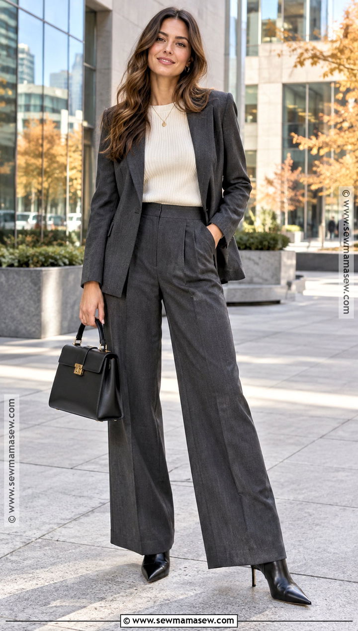 Heeled Ankle Boots With Wide Leg Trousers And Blazer - 20 boots autumn outfit
