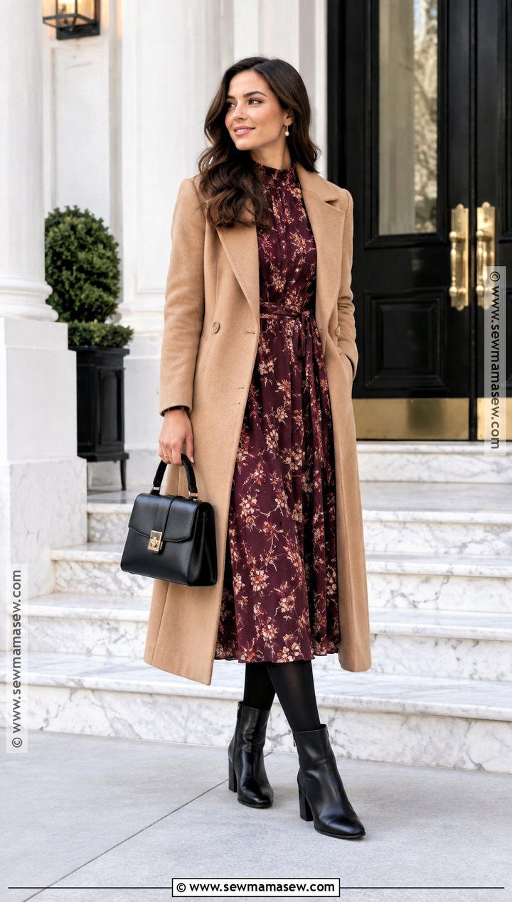 Heeled Boots With Midi Dress and Long Coat - 15 fall winter boot outfits
