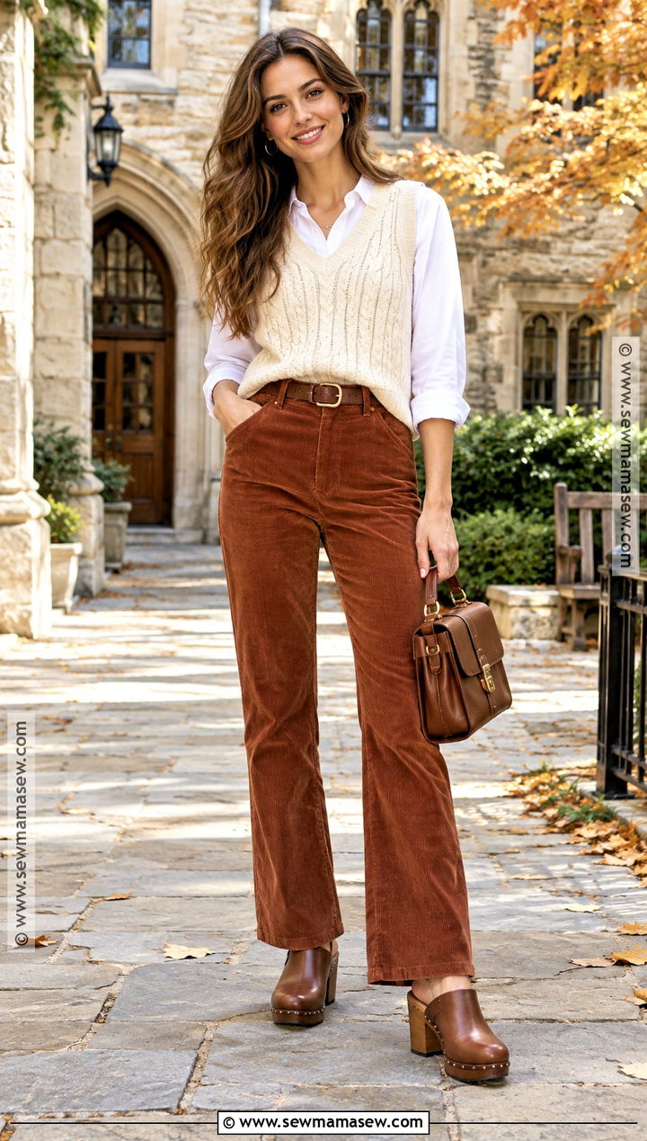 Heeled Clogs With Corduroy Pants And Button Down - 15 Heeled Clogs Outfit Fall Ideas