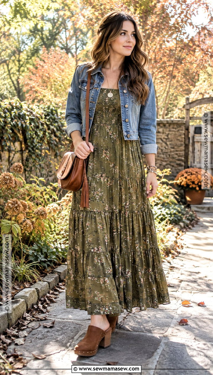 Heeled Clogs With Maxi Dress And Denim Jacket - 15 Heeled Clogs Outfit Fall Ideas