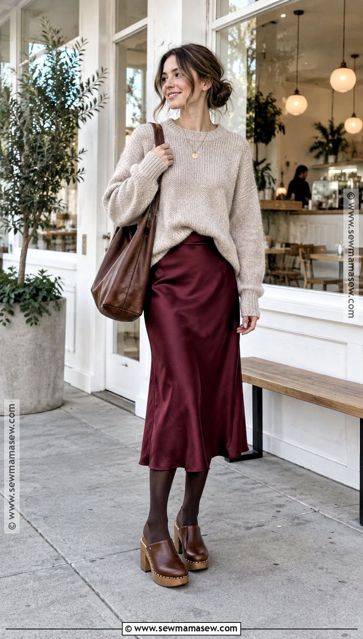Heeled Clogs With Midi Skirt And Chunky Sweater - 15 Heeled Clogs Outfit Fall Ideas